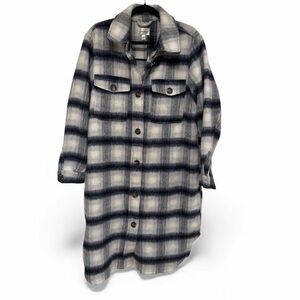 Plaid Longline Coat - Blue and White Wool Sweater Coat